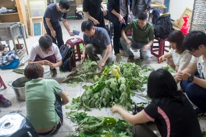 students stripping mullberry bark