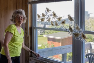 Jane standing in front of hanging birds