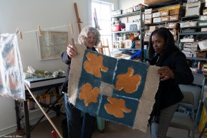 jane and angela looking at dried quilt block IMG_3537